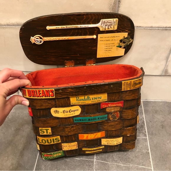 Vintage basket purse 1960s 60s brown travel postcard decoupage logo magazine - Picture 7 of 13